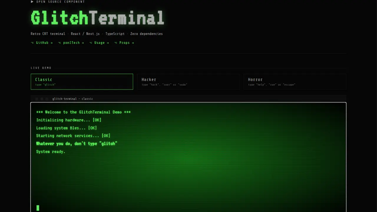 GlitchTerminal — a React/Next.js component